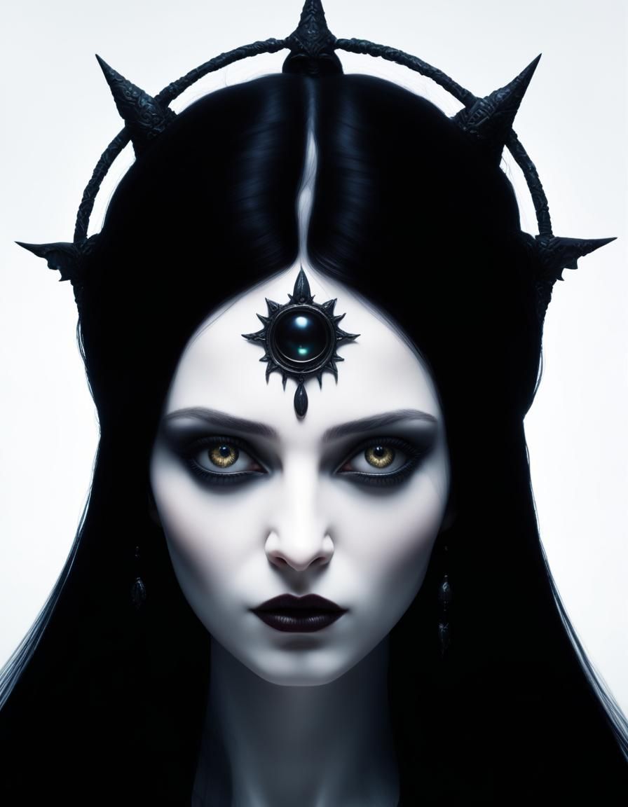 Realistic portrait of Gothic goddess Hecate with long black hair and sliver eyes and porcelain white skin& hyperdetailed...