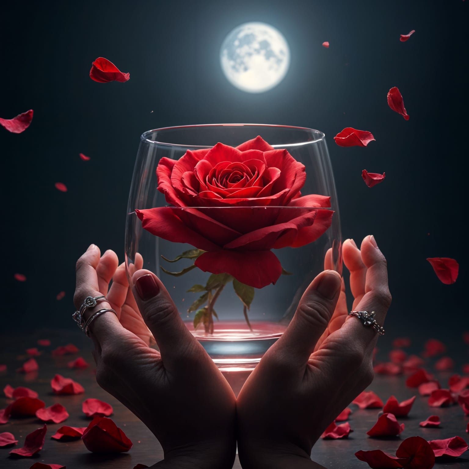 Deep Red Rose Protected in Glass on Dark Night