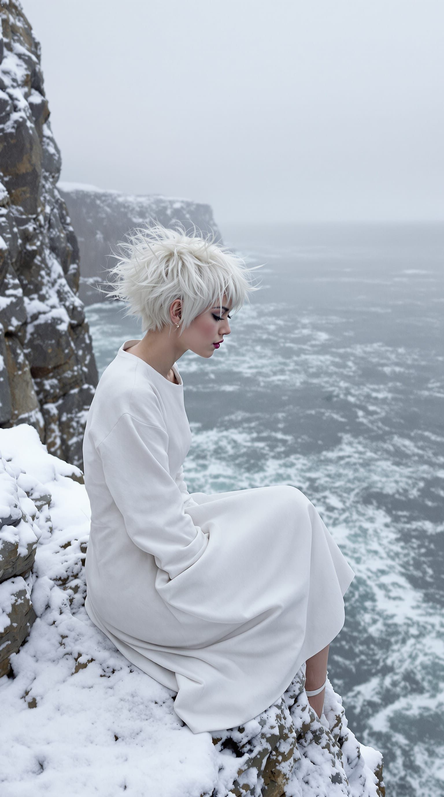 Albino Woman on Snowy Cliffs in Stormy Sea