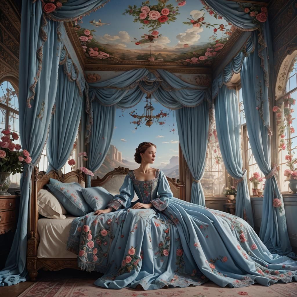 Woman in Rose Embroidered Gown on Canopy Bed
