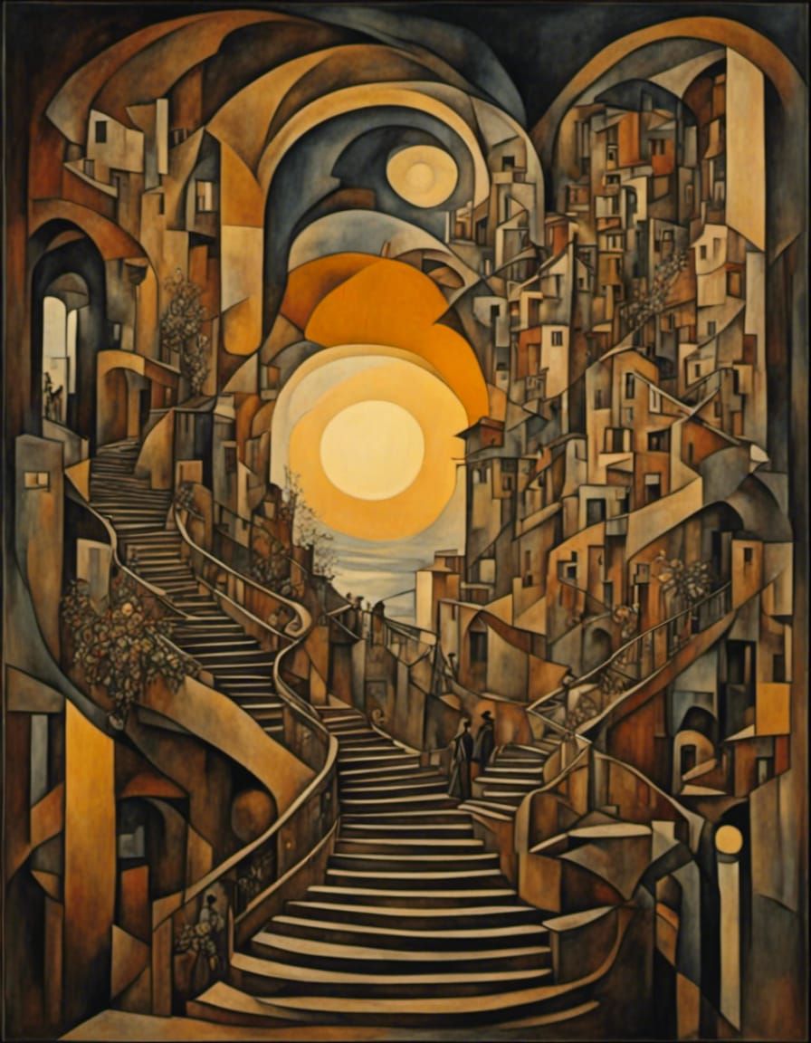Surreal Staircase with Golden Sunset in Abstract Style