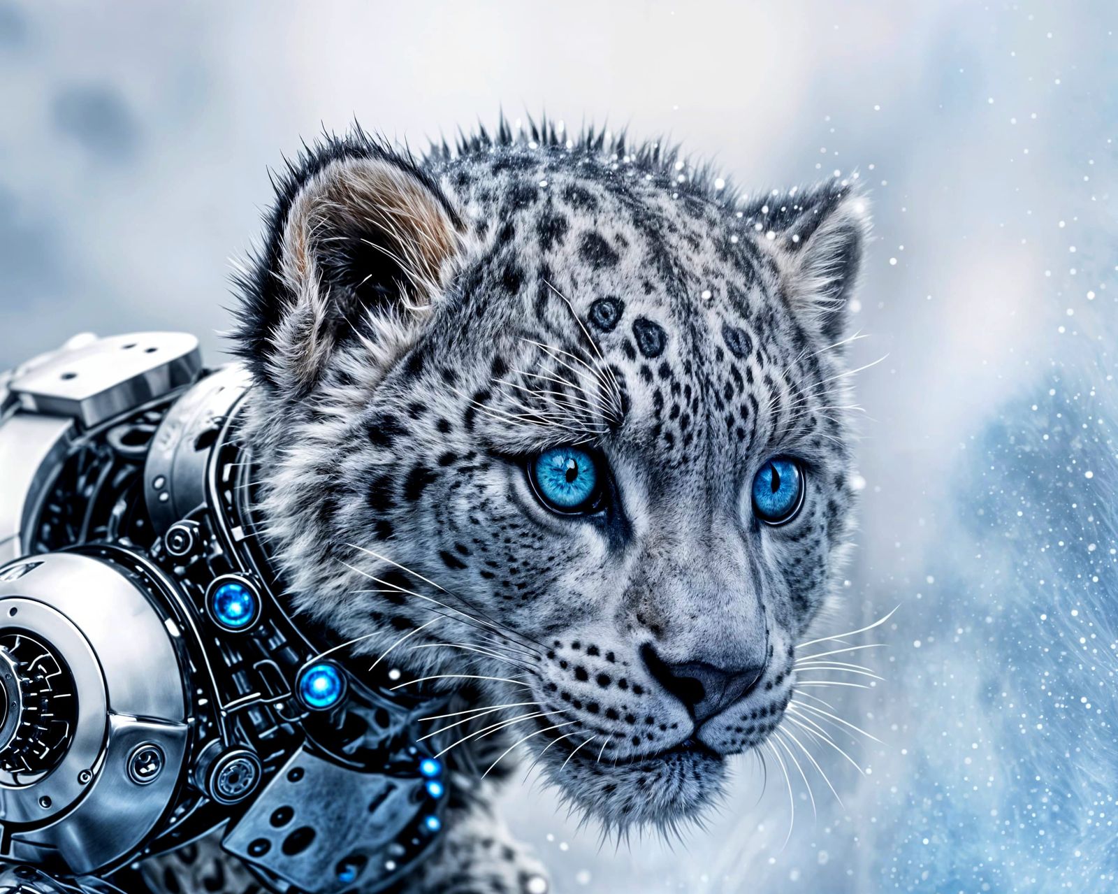 Photorealistic Snow Leopard Cyborg in Snowy City