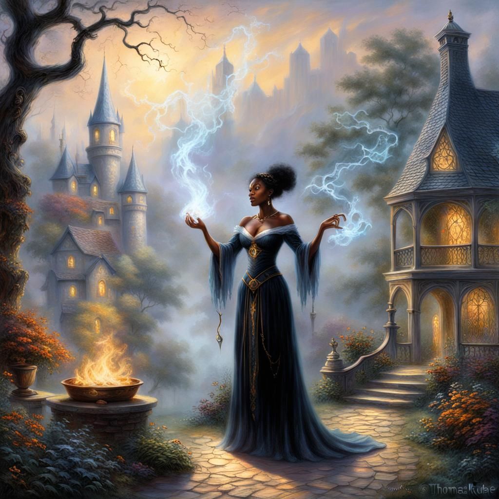 Ethereal Black Sorceress Casting Spell in Misty Fantasy