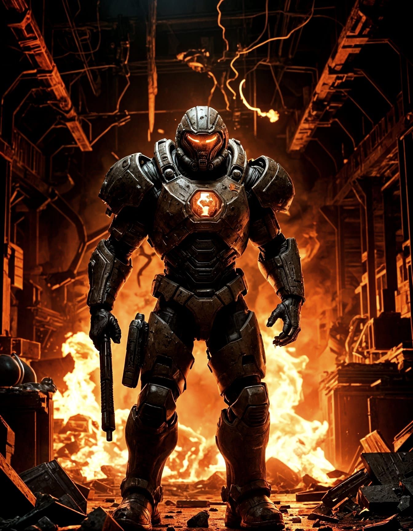 Doom Guy Battles Demons in Destroyed Lab