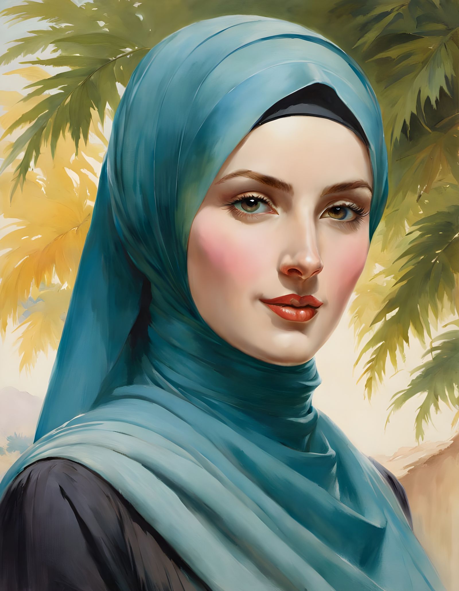 Vibrant Hijabi Portrait in Watercolor Style