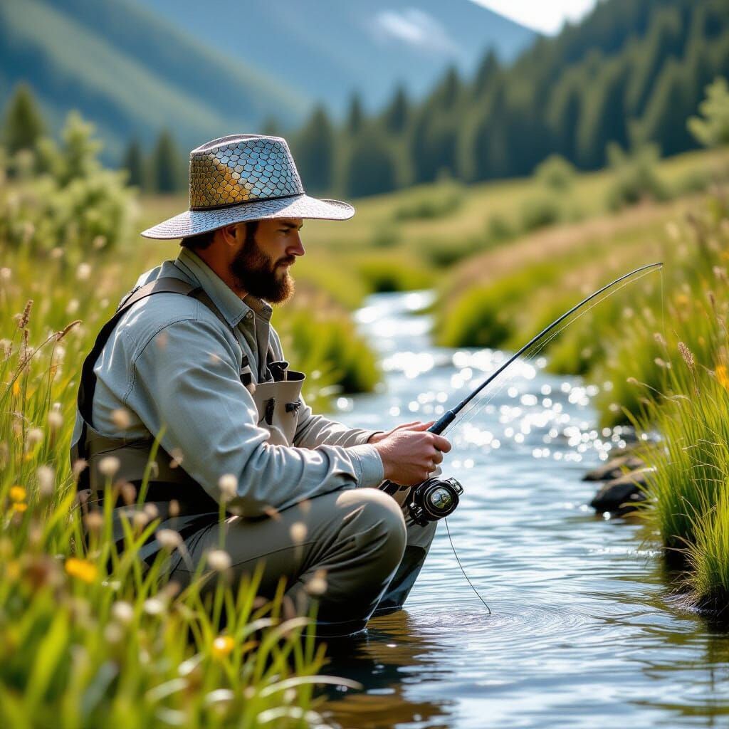 Man Fishing in Meadow with Unique Fish Scale Hat