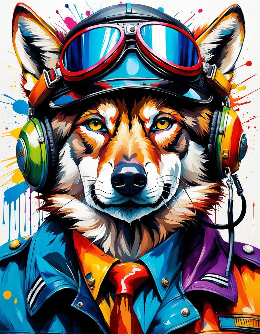 Colorful Wolf Pilot Portrait in Neo-Impressionist Style