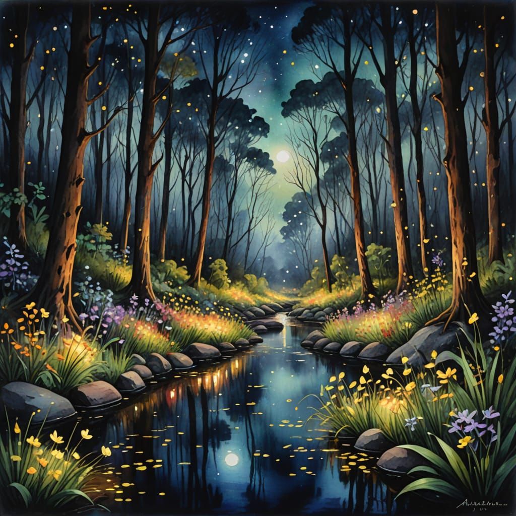 Enchanting Watercolor Forest with Fireflies
