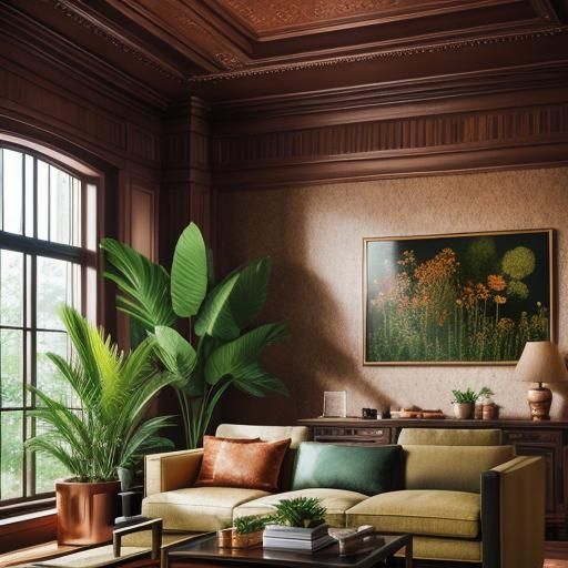 Copper Living Room with Plants, Professional Photography