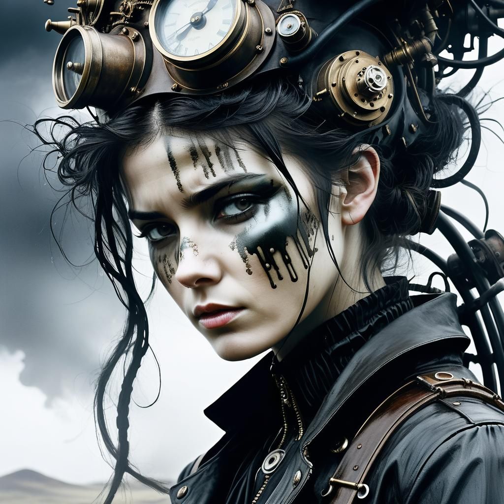 Grimy Steampunk Woman Engineer in a Dusty Storybook Setting