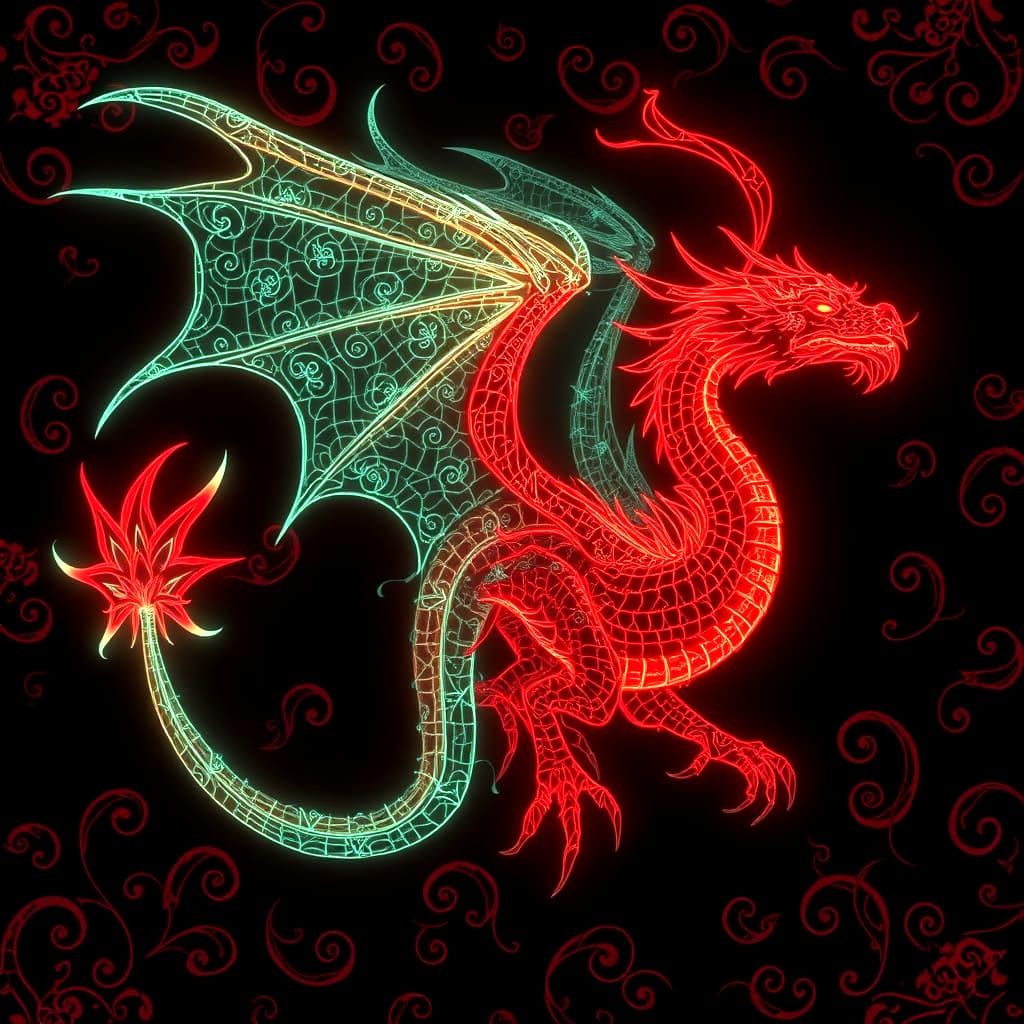 Bioluminescent Dragon with Red Filigree on Black
