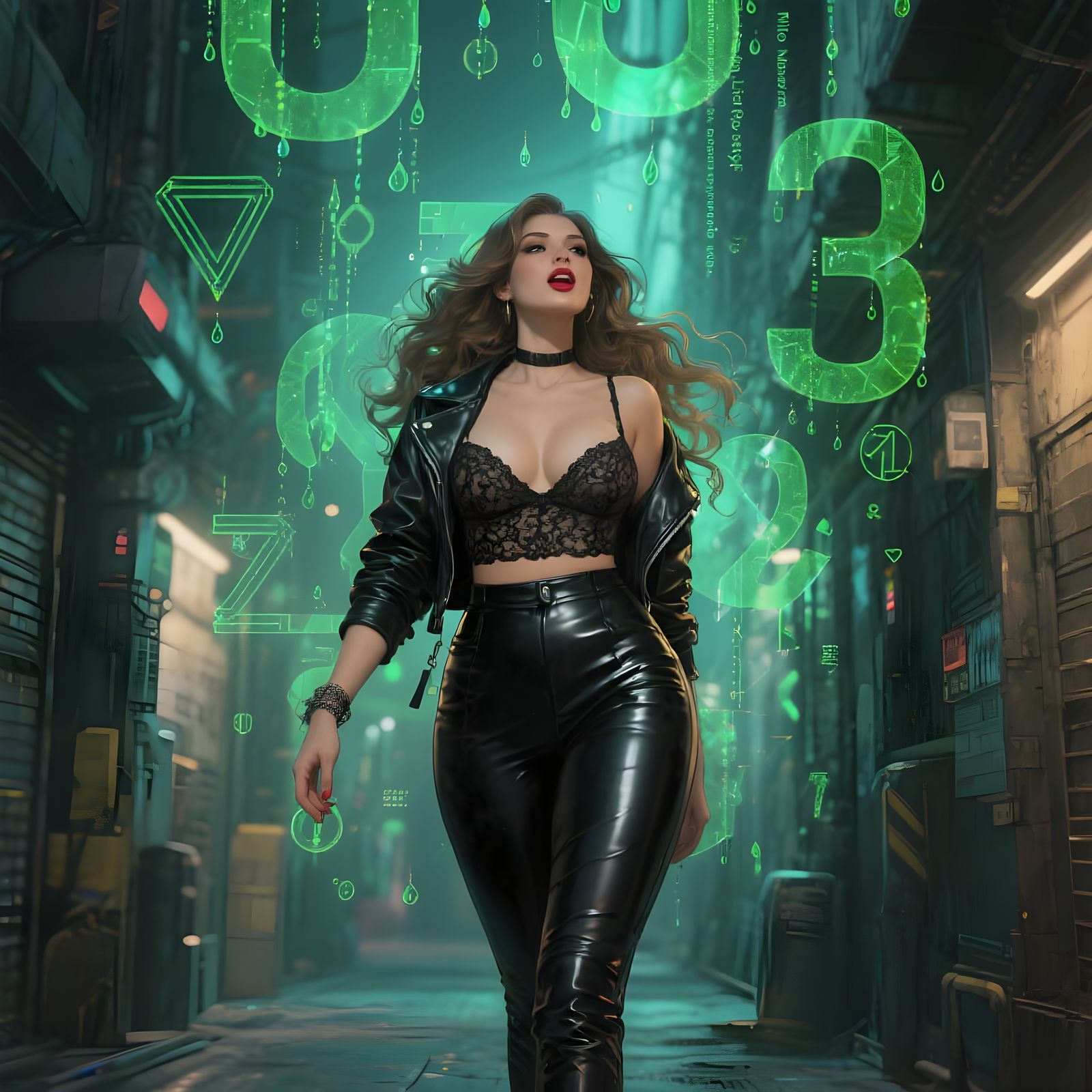 Curvy Woman in Cyberpunk Alley in Manara/Royo Style