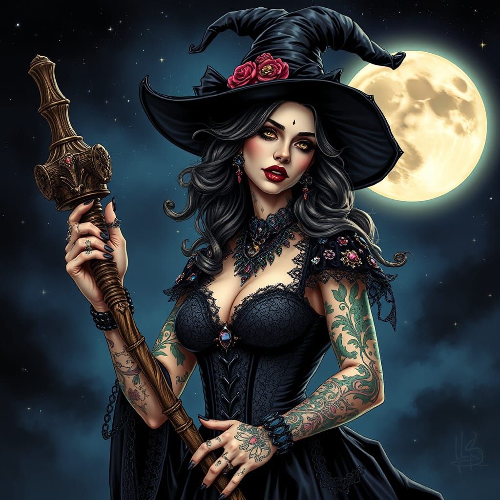 Gothic Witch with Steampunk Broom in Comic Book Style