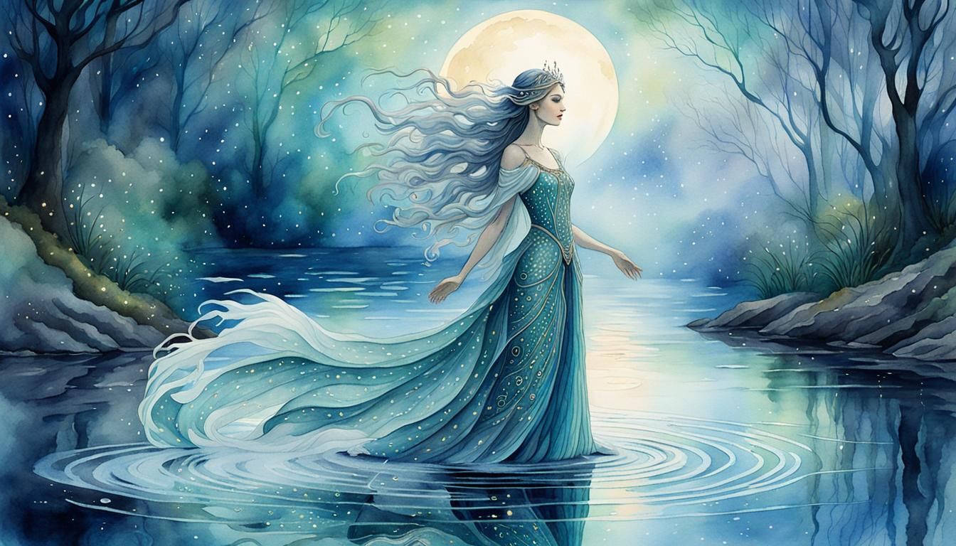 Mystical Water Queen Emerges, Watercolor Fantasy Art