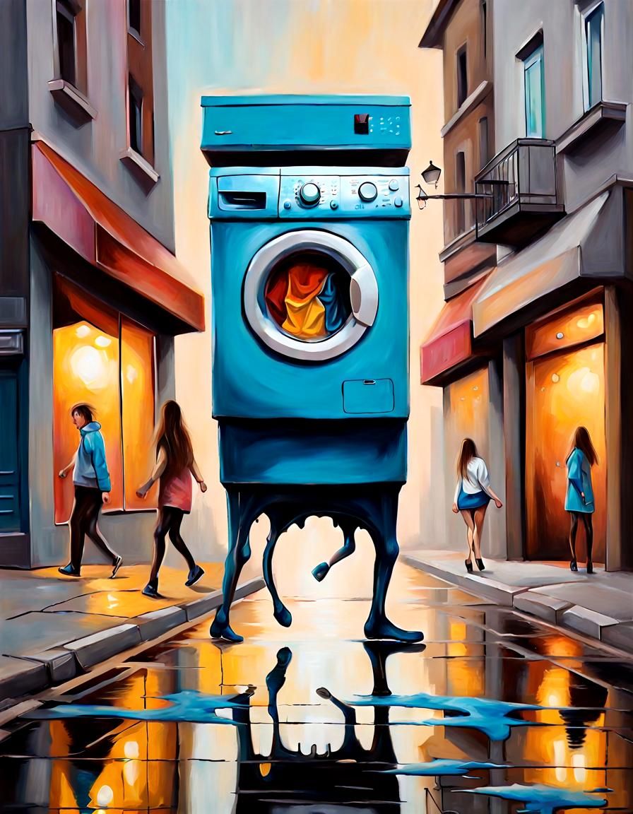 Fantasy Oil Painting: Walking Washing Machine