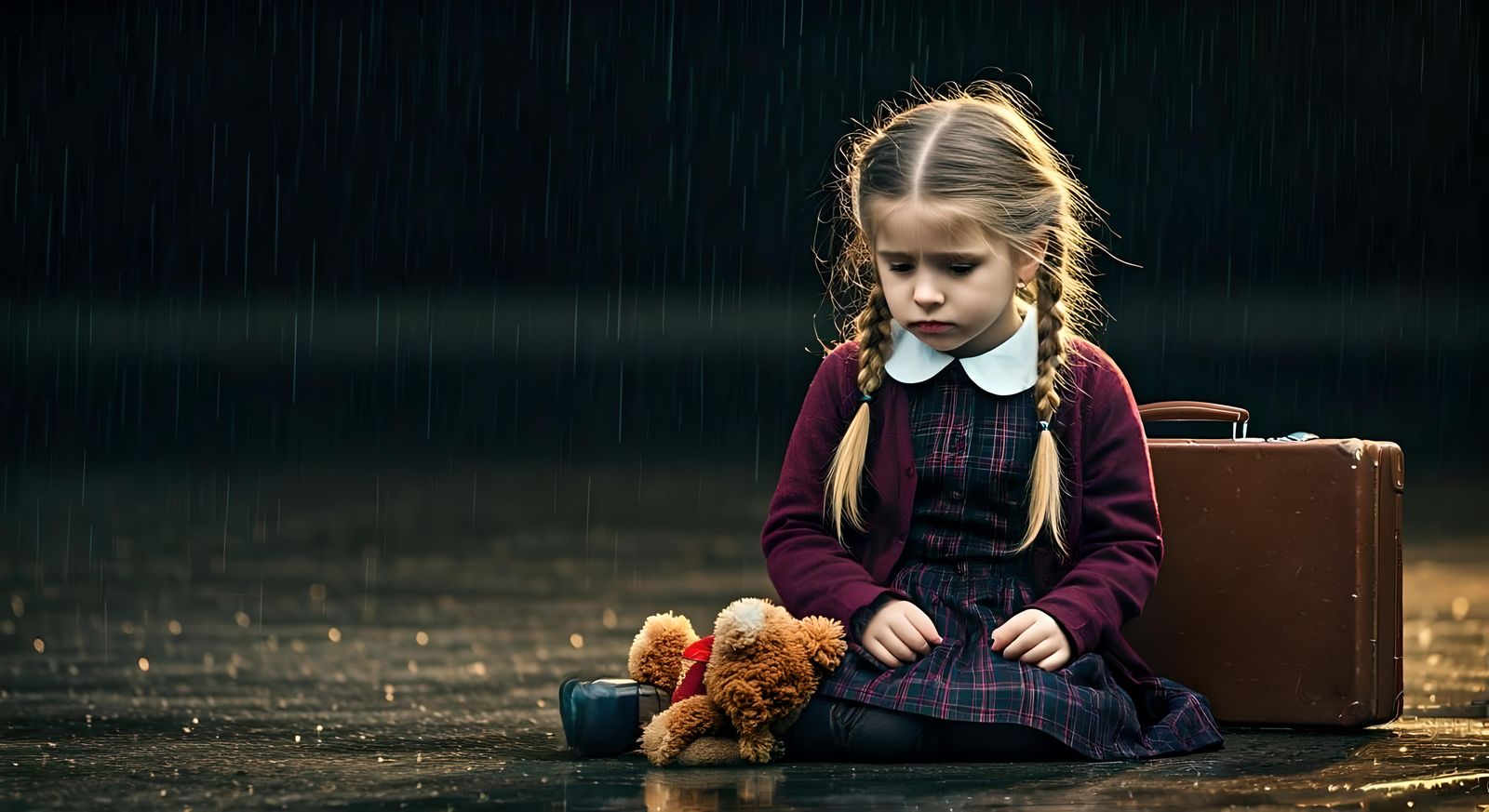 Sad Girl with Teddy Bear in Cinematic Lighting