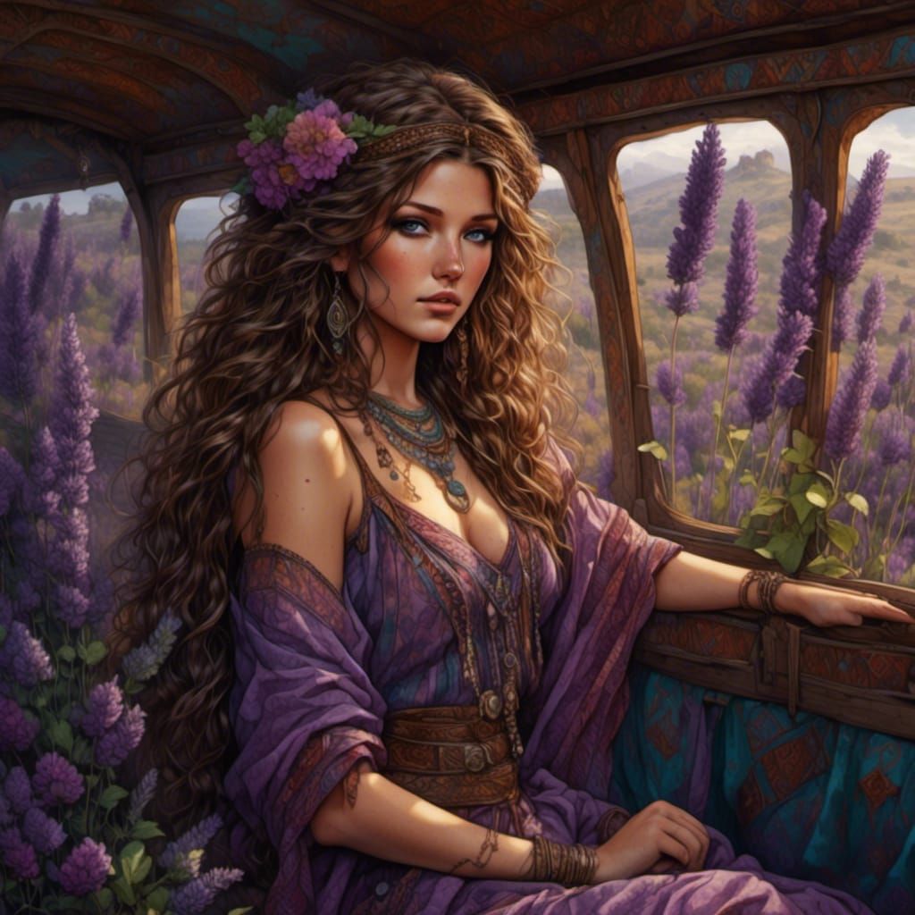 Beautiful Gypsy Woman in Lush Floral Setting