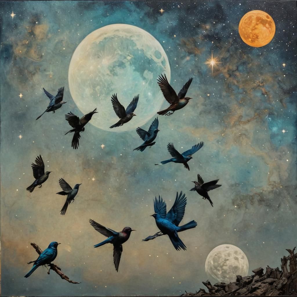 Celestial Birds: Impressionistic Retrofuturist Encaustic Pai...
