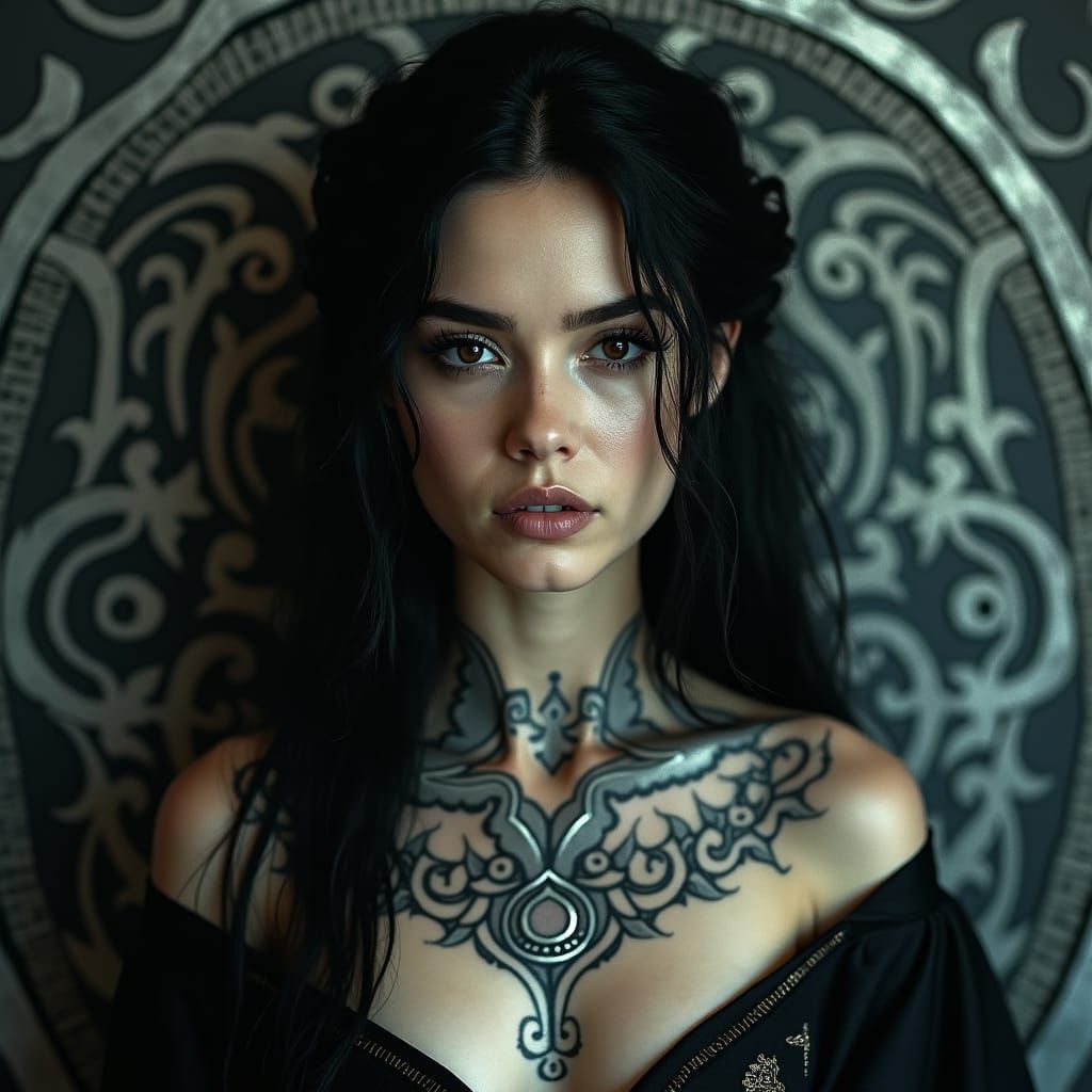 Ornate Woman with Silver Runes Tattoo in Cinematic Style