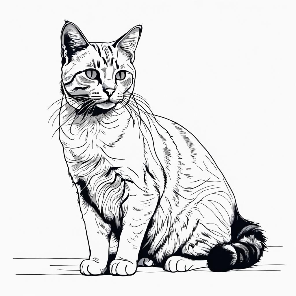 "Full cat, realistic, line drawing, line drawing, with clear...