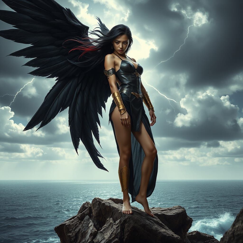 Fantasy Portrait of Woman with Wings in Stormy Landscape
