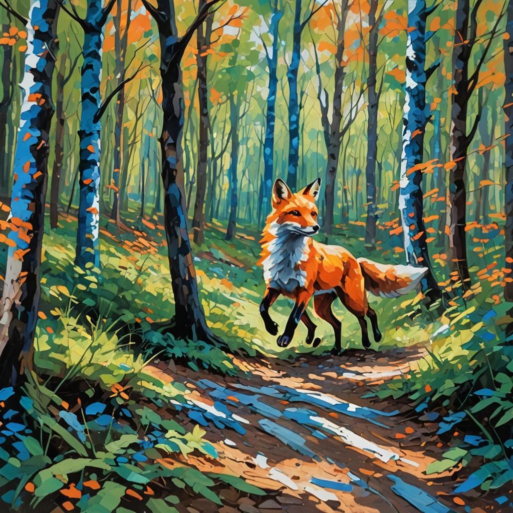 Abstract Fox Running in Forest as Impasto Painting