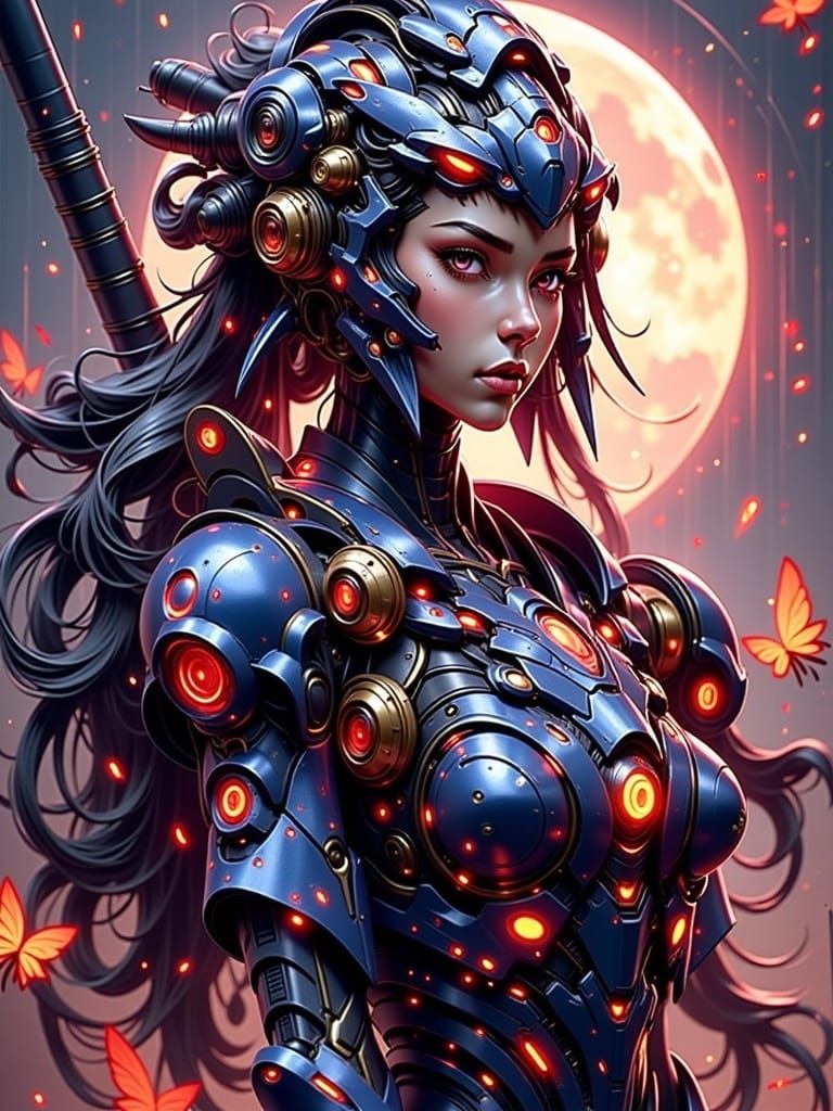 Cyborg Samurai Girl with Laser Gun in Space Armor