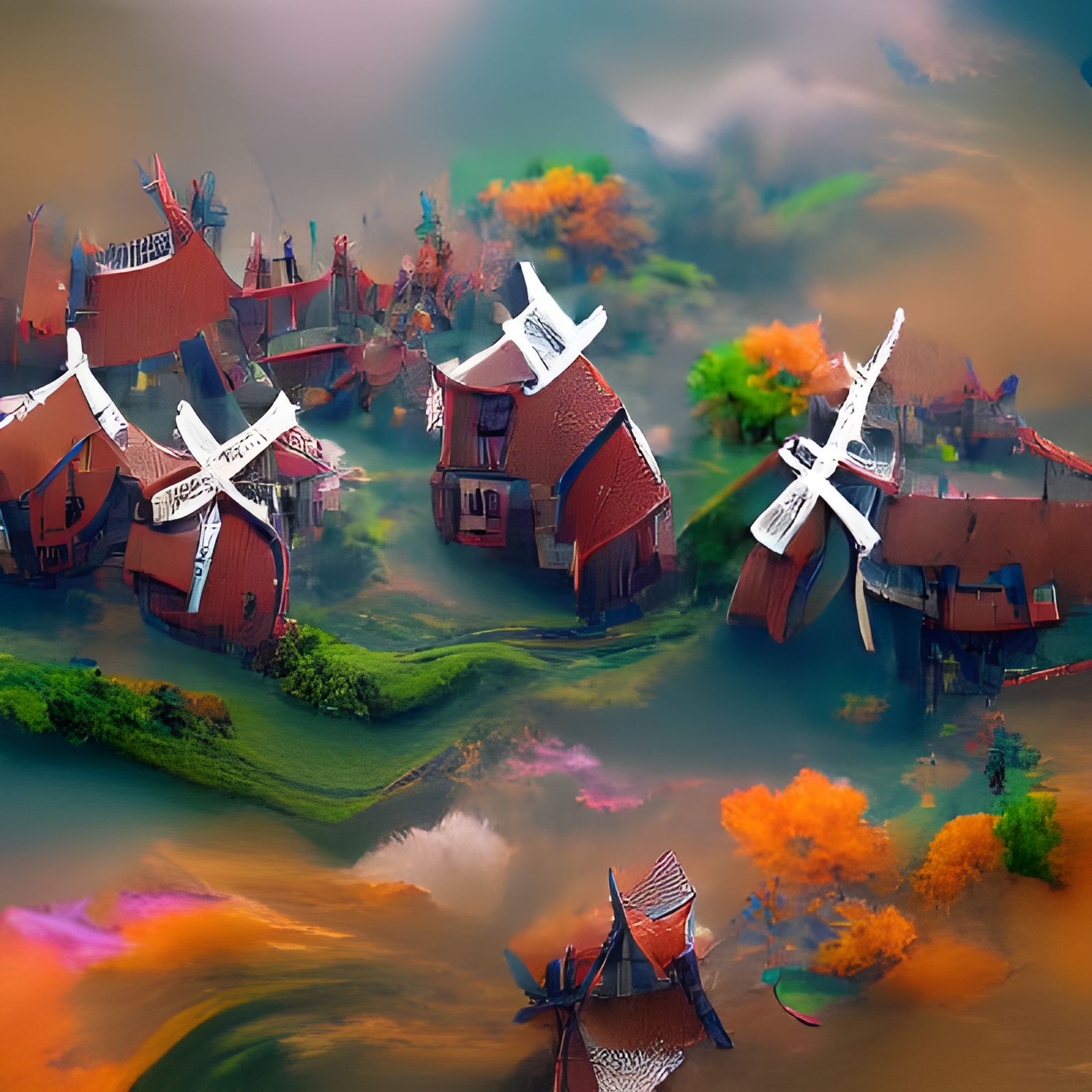Naive Style English Village with Windmills