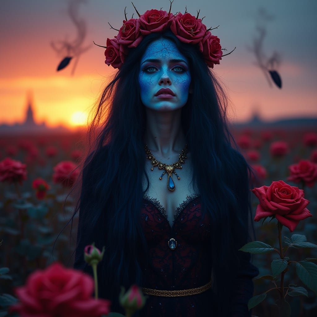 Mystical Woman with Cracked Glass Skin in Crimson Rose Field