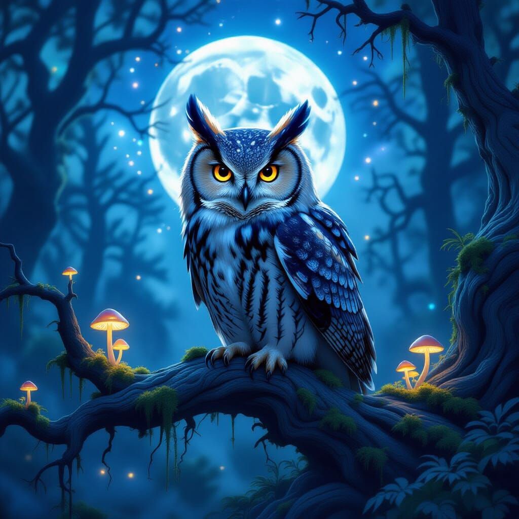 Galactic Owl in Twilight Forest: Epic Fantasy Illustration