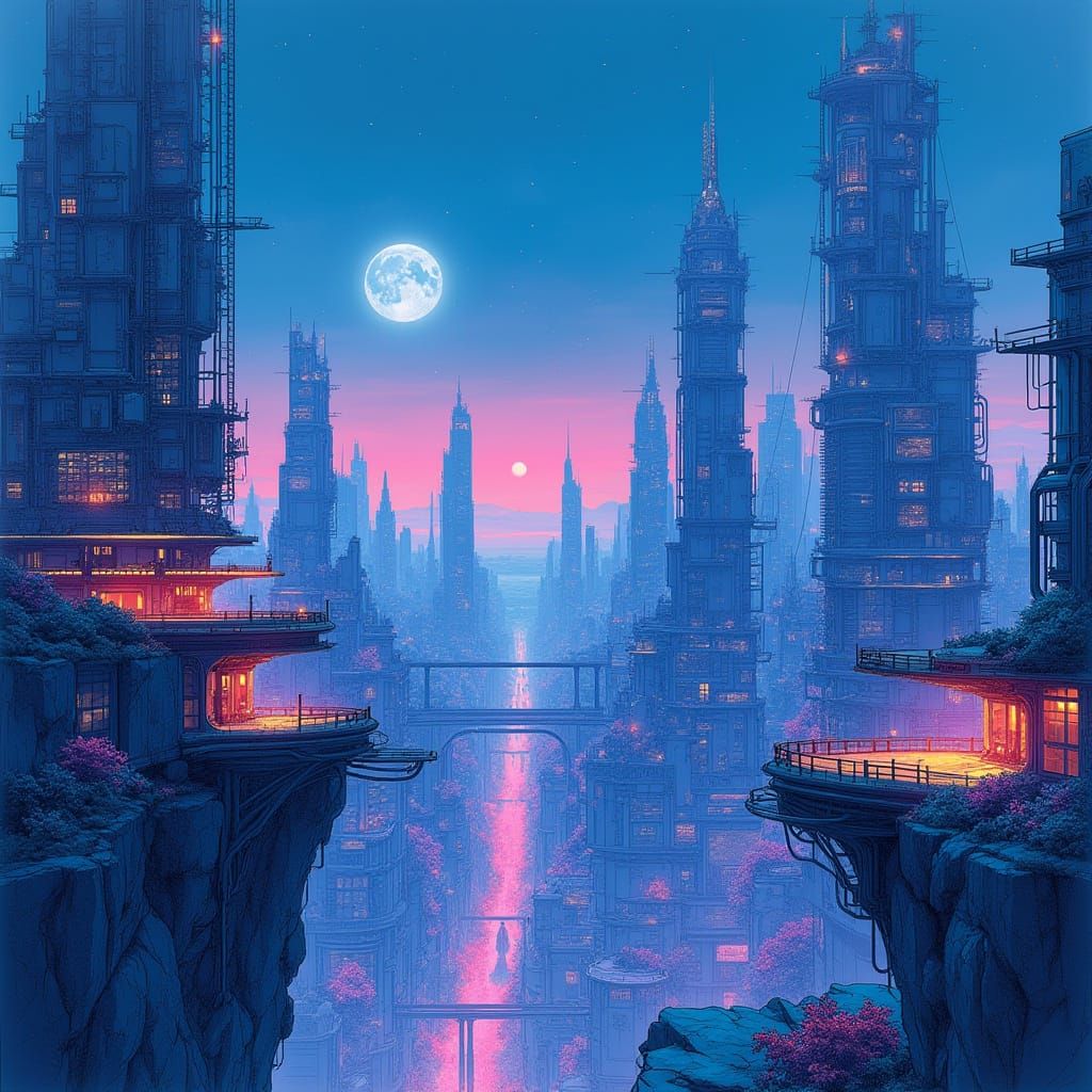Futuristic Cityscape at Night in Vivid Hues