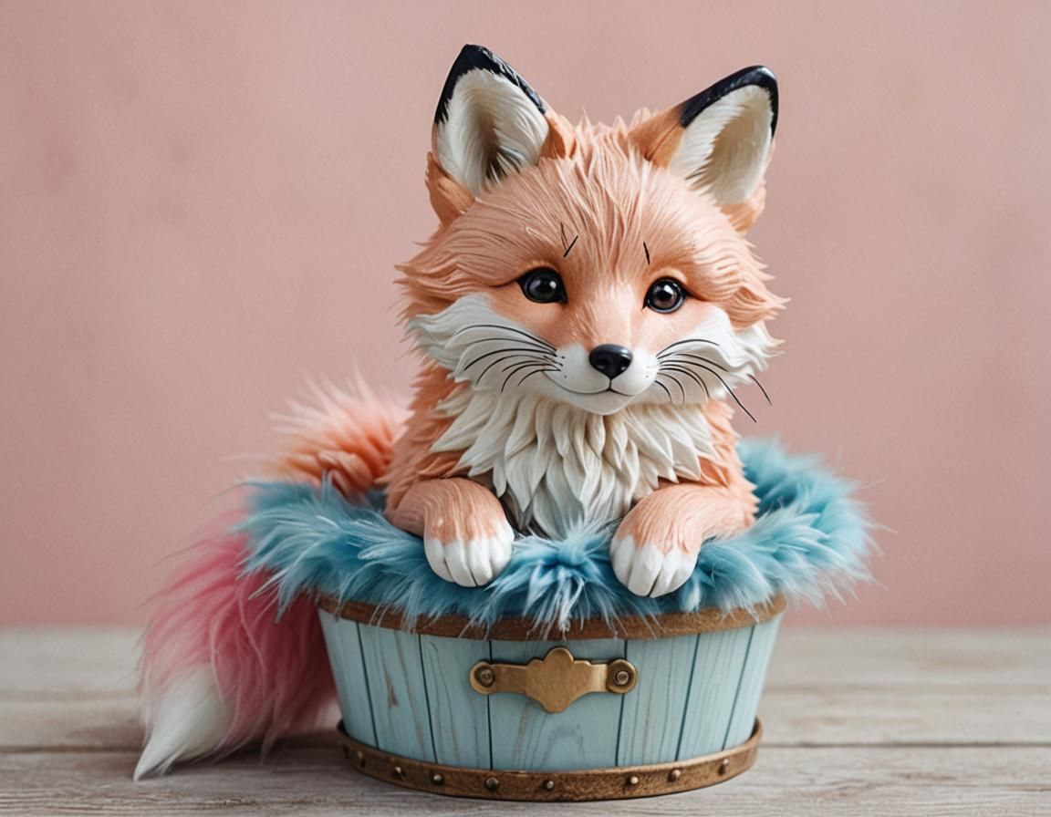 Pastel Fox in Wooden Bucket: A Cute Image