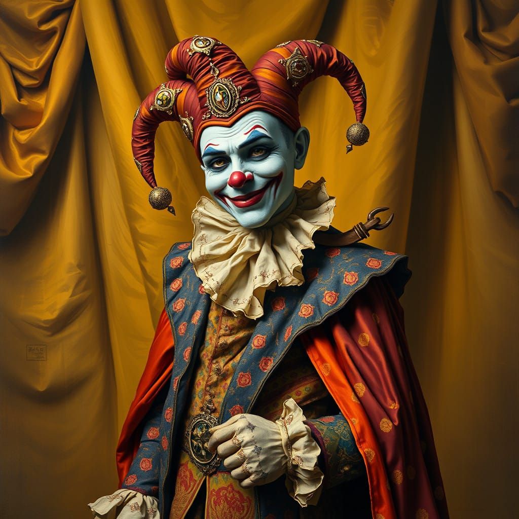 Elegant Jester Against Golden Velvet Backdrop