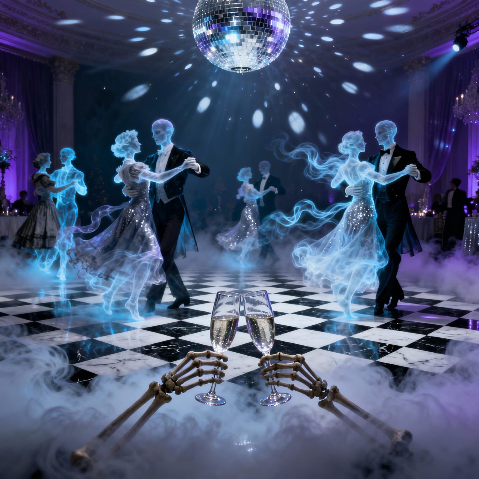 Ethereal Ghosts Dancing at a Haunting New Year's Eve Ball