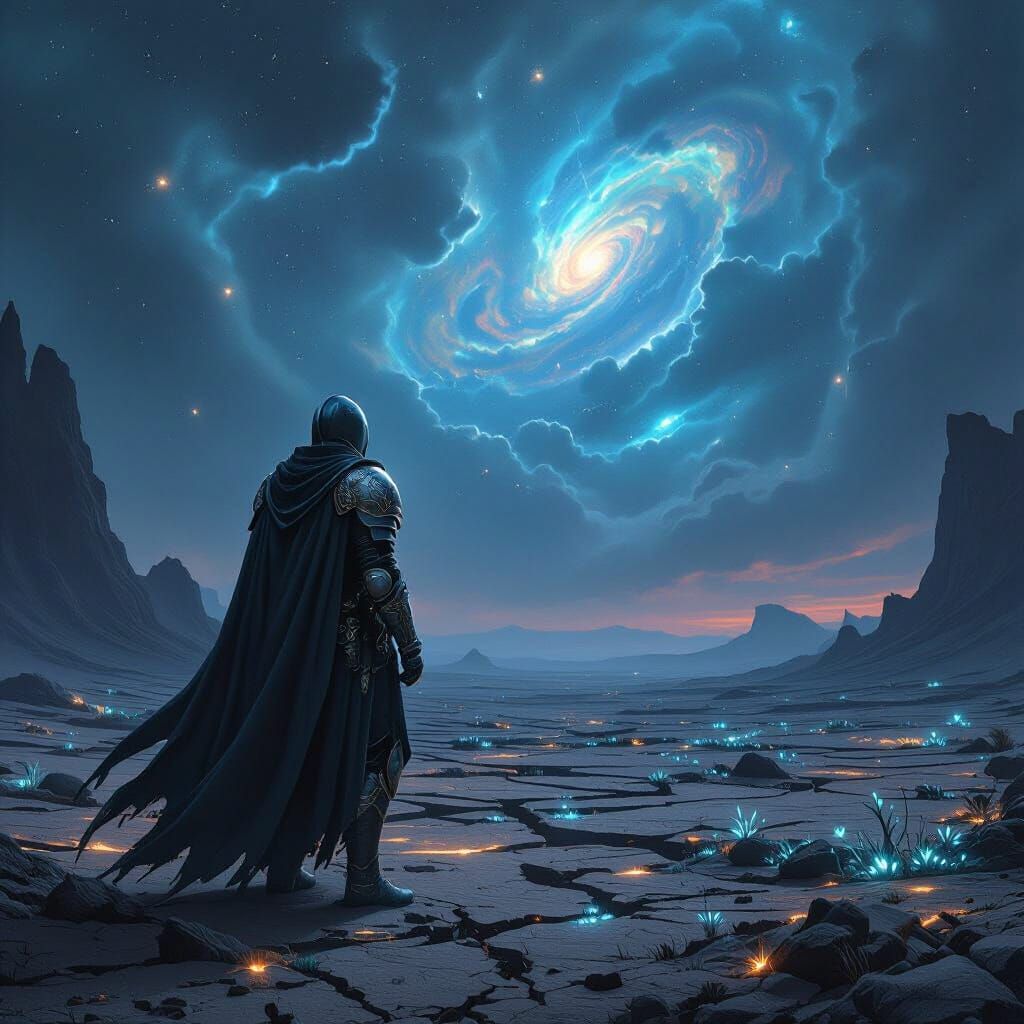 Knight on Alien World under Nebula Sky