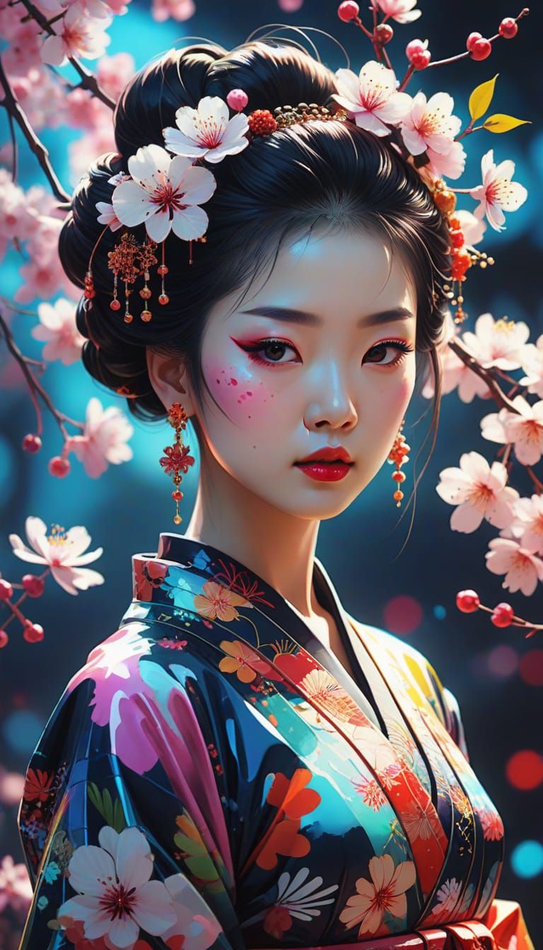 Surreal Digital Geisha Portrait with Neon Colors