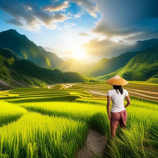 Girl Working in Rice Field, Detailed Matte Painting
