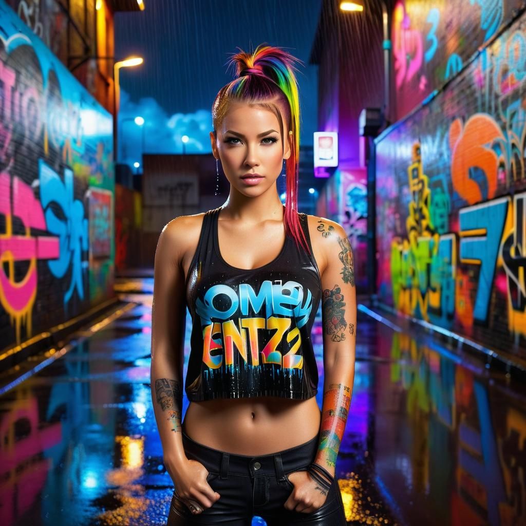 Stunning Tattooed Woman in Rainy Cityscape