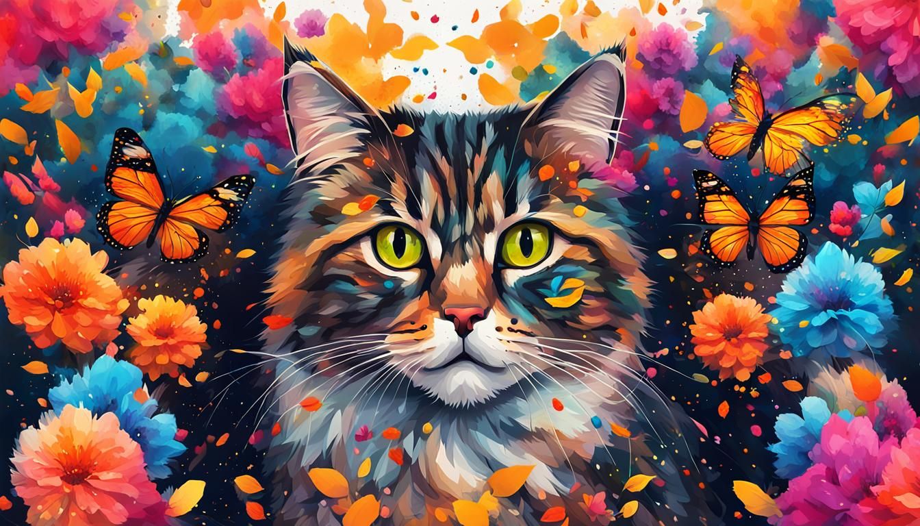 Vibrant Cat in Colorful Digital Splatter Art