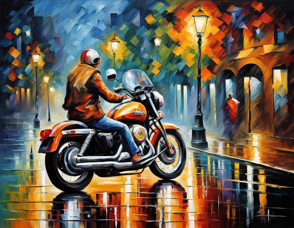 Impressionist Motorcycle Portrait in Rainy Cityscape