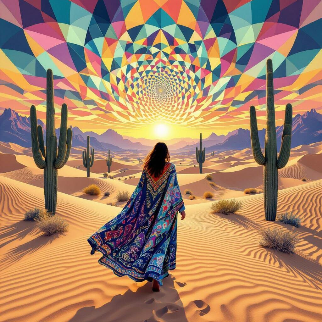 Kaleidoscopic Desert Walker in Op Art Style