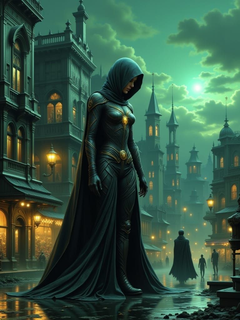 Baroque Superheroine Scans Horizon in Gothic City