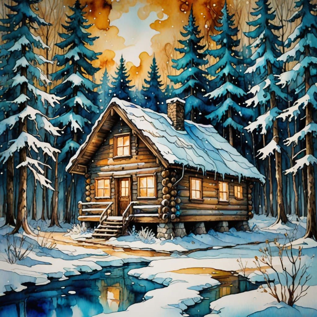 Snowy Log Cabin in Woods: Alcohol Ink Art