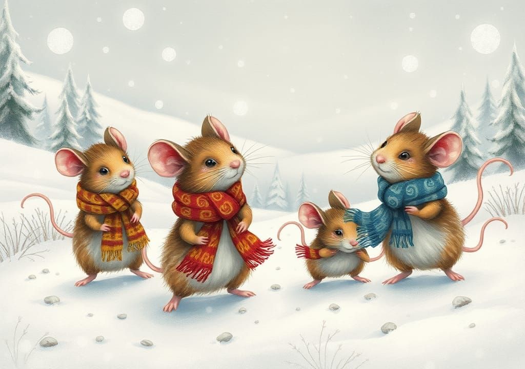 Mice in Winter Scarves: Storybook Illustration