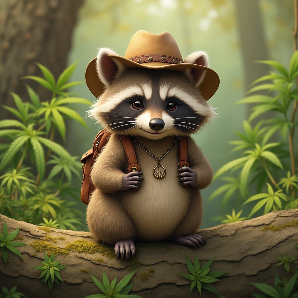 Raccoon in Meadow with Art Nouveau Style