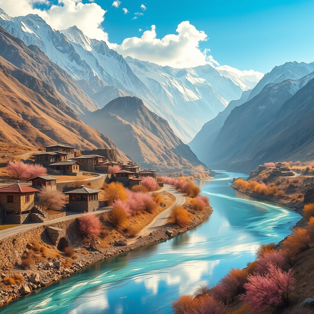 Hunza Valley Digital Matte Painting with Apricot Blooms and ...