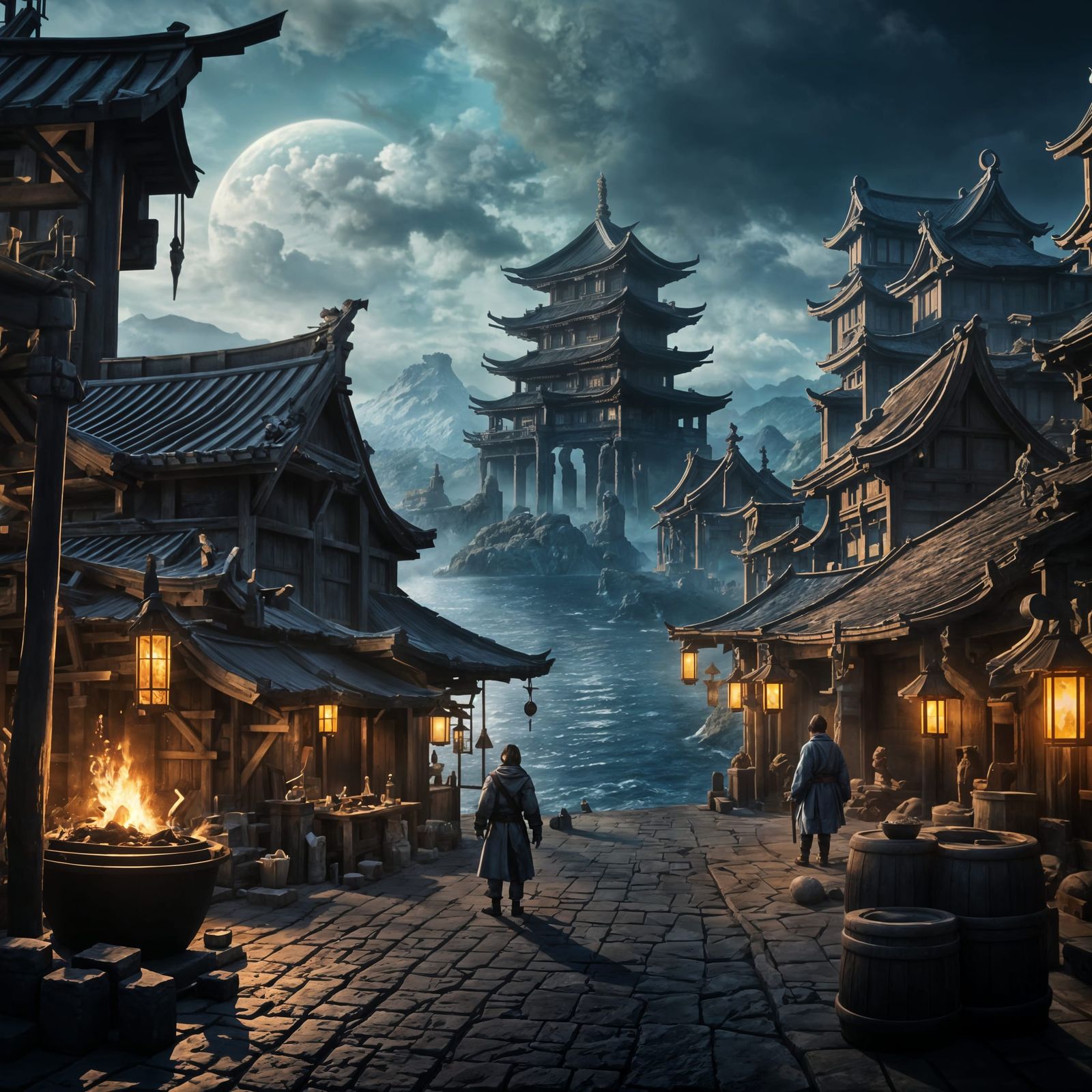 Dark Fantasy Medieval Japanese Port City