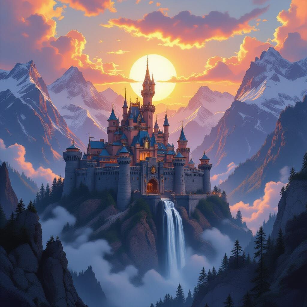 Majestic Castle with Dragons and Waterfalls, Atmospheric Rea...