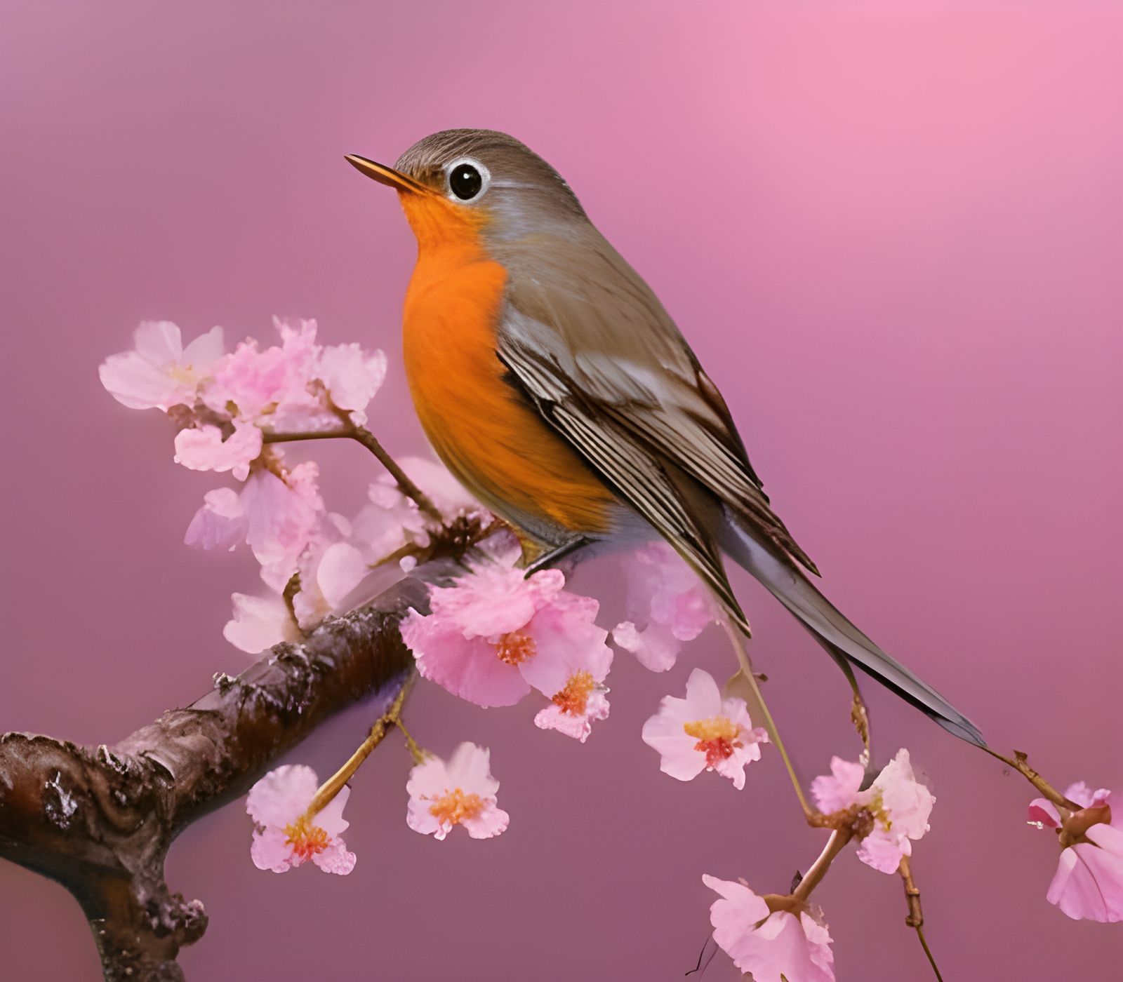 Robin Among Apple Blossoms, Oil Painting Style