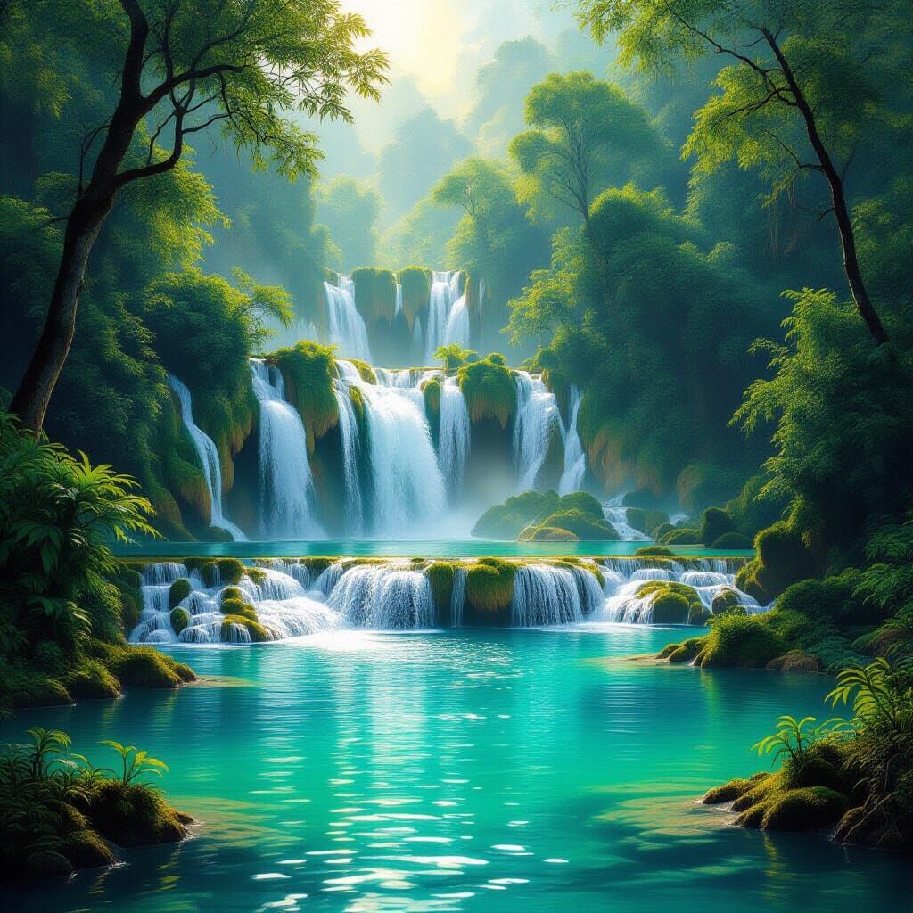 Kuang Si Falls in Golden Light, Digital Art